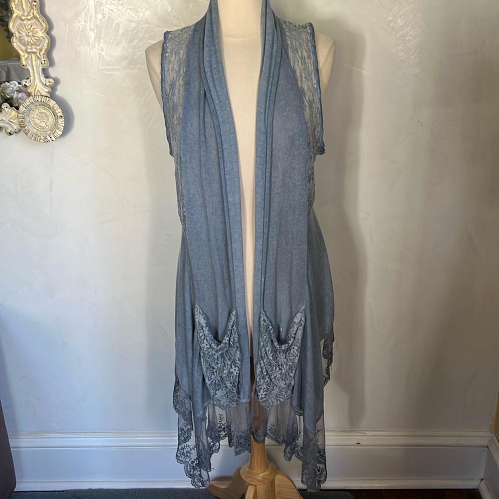 Simply Couture Blue Lace Embroidered Vest w/pockets Size Medium